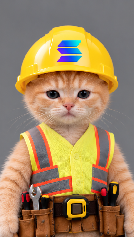 Sue the Builder Cat wearing a yellow Solana hard hat and safety vest